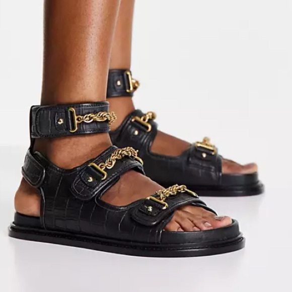 ASOS Women’s Black Croc Gladiator Gold Chain Faux Leather Sandals New Size 7 - Picture 2 of 3